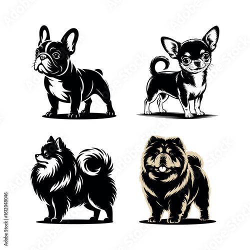 Four dog breeds black and white graphic illustrations