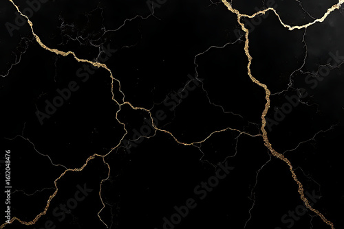 Black marble texture with gold veins abstract background design with cracked lines and gold glitter details