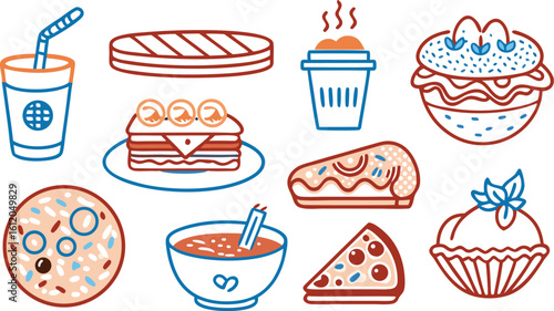 Assorted food and drink icons with blue and orange outlines illustration