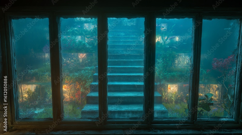 Fototapeta premium Underwater garden view through window with illuminated staircase