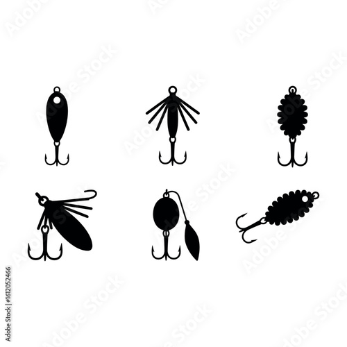 Six Black Fishing Lures With Hooks On White Background