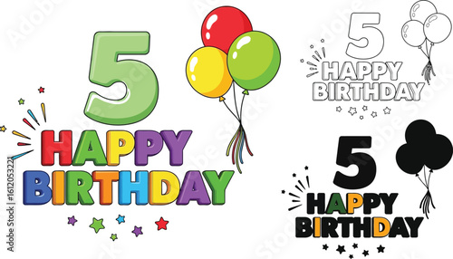Happy fifth birthday party celebration with balloons and number five graphic vector design editable