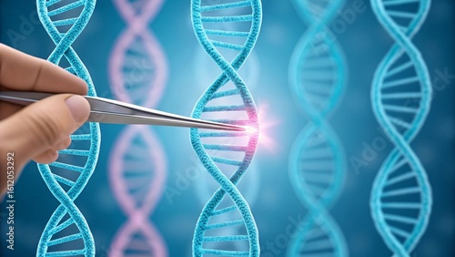 Human hand holding blue dna helix genetic science