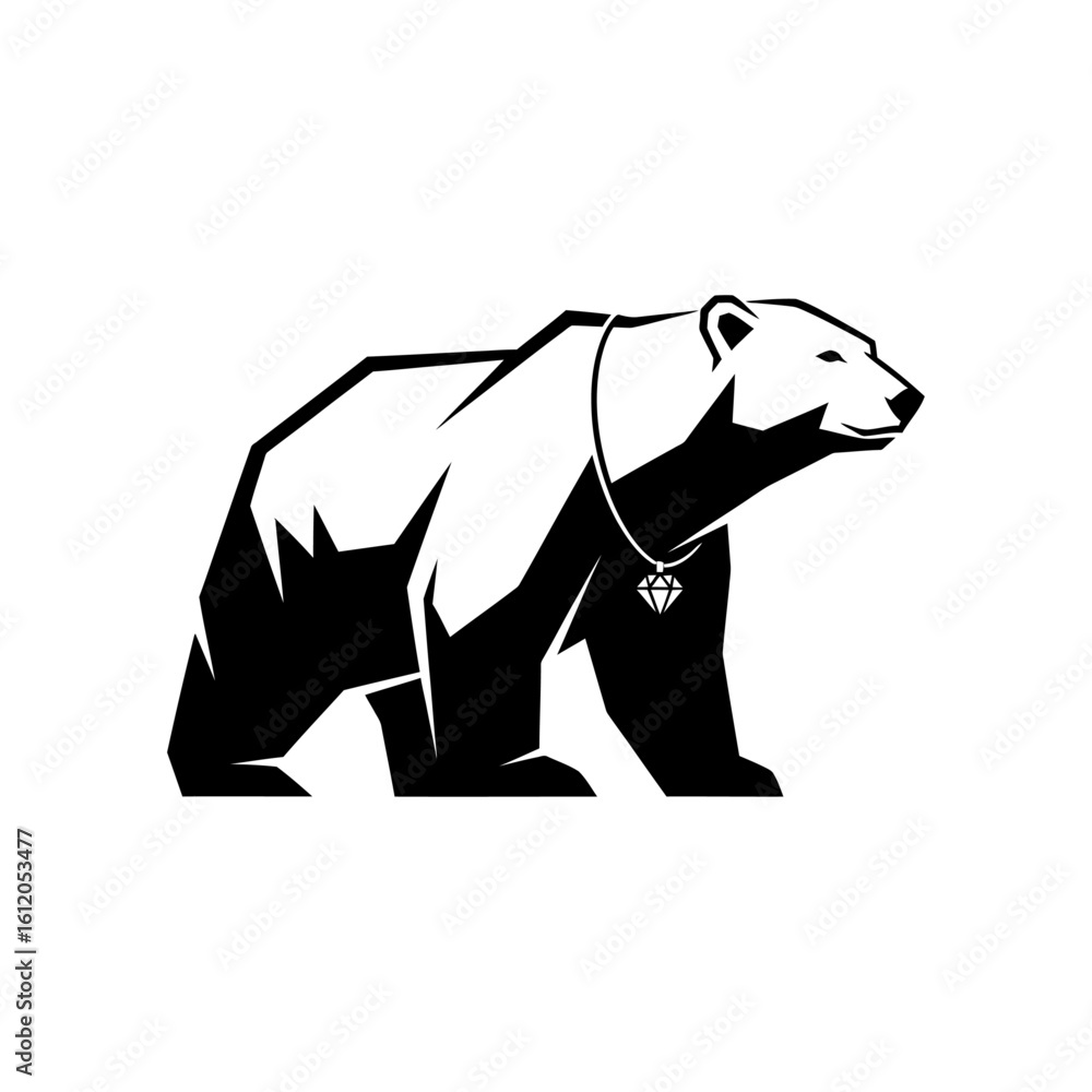 Fototapeta premium A black and white illustration of a bear wearing a diamond necklace in a simple vector style