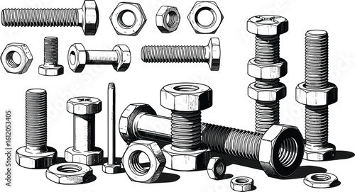 Illustration of various nuts and bolts in black and white drawing style