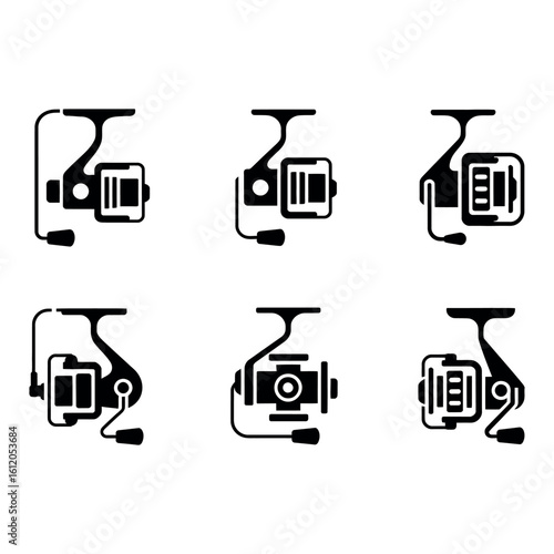 Six Black Fishing Reel Icons on White Background fishing tackle