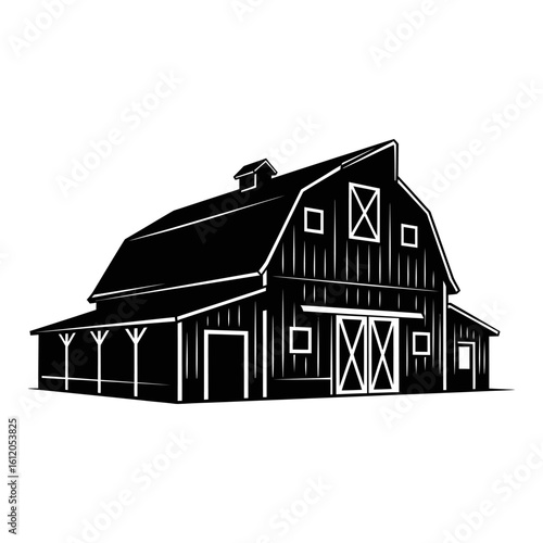 A black and white illustration of a barn with a gambrel roof and a porch on the left side of the barn