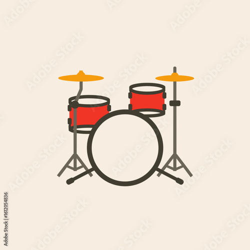 Cartoon drum set with red drums and yellow cymbals on beige background  