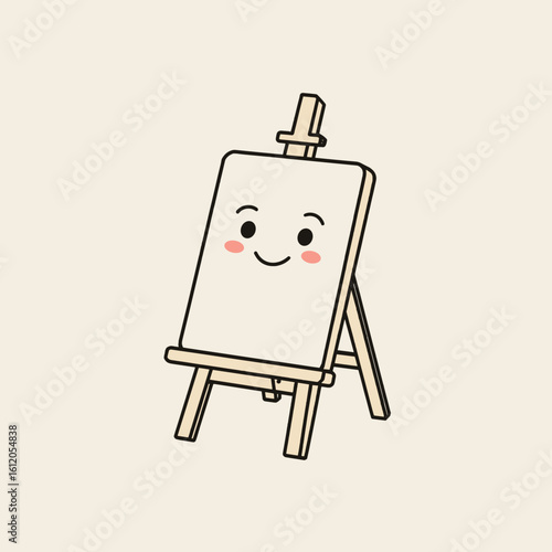 Smiling easel character with blank canvas on light background  