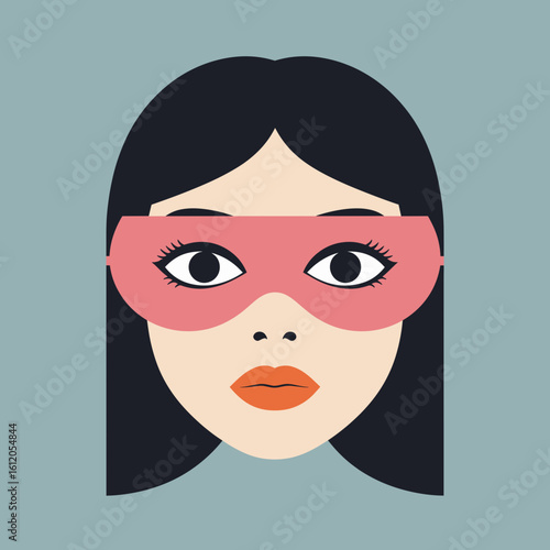 Illustrated woman wearing a pink mask with dark hair and neutral background  
