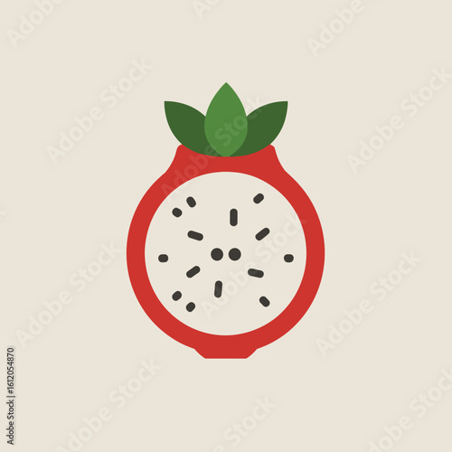 Pomegranate fruit illustration with seeds and green leaves  