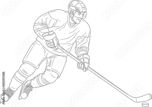 A black and white line drawing of a hockey player with puck and stick