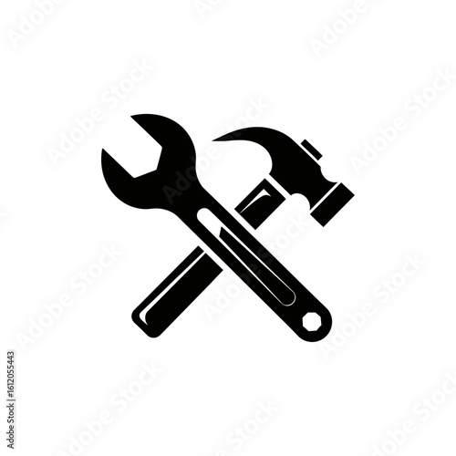 A symmetrical black and white image of a wrench crossed over a hammer on a white background space