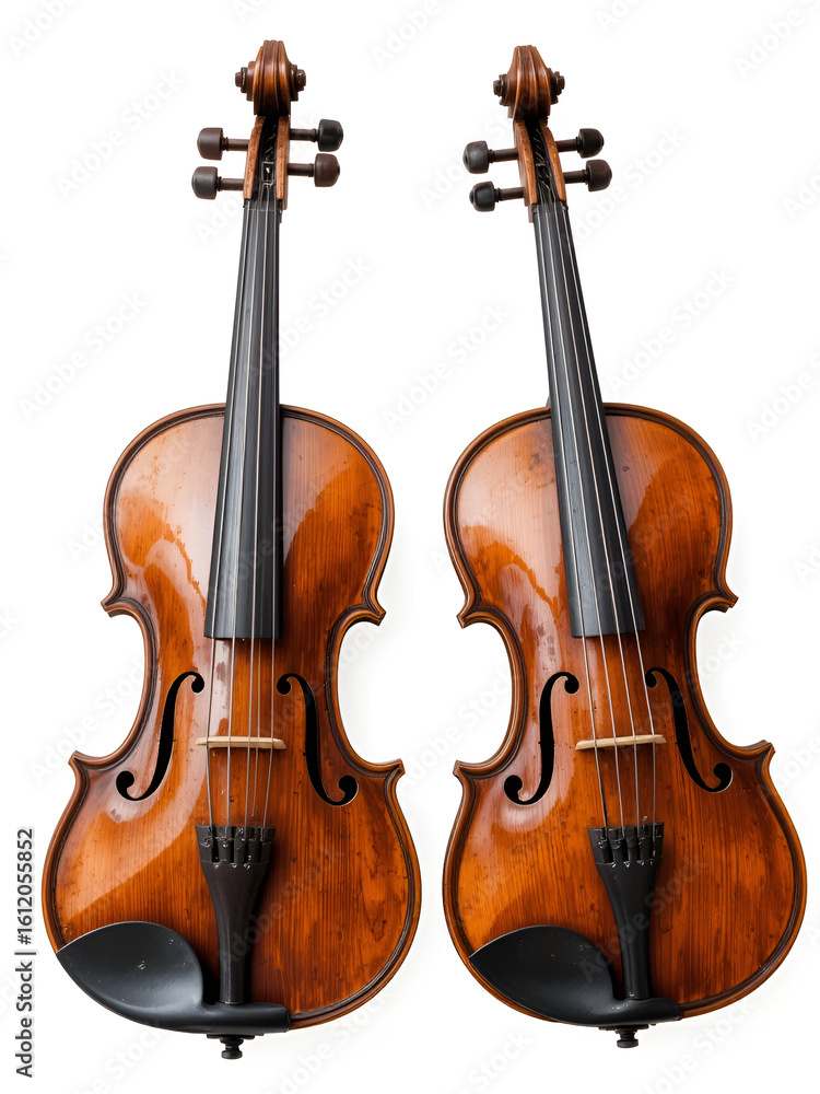 Fototapeta premium depiction of two antique violins isolated on a pure white background showcasing intricate wood grain and craftsmanship details