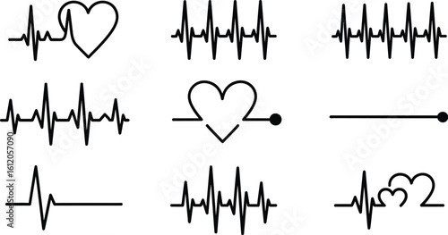 Various heart rate lines and heart symbols in black on a white background