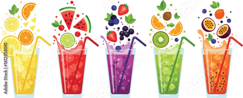 Colorful fruit juice drinks vector illustration perfect for summer menu and healthy lifestyle ads editable