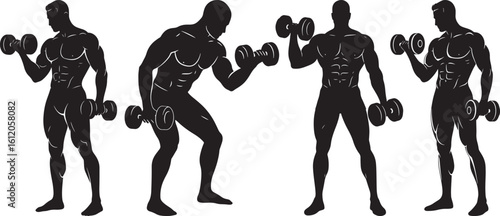 Four athletic men lifting dumbbells in a dynamic silhouette