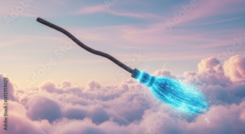Magic broom flying through clouds