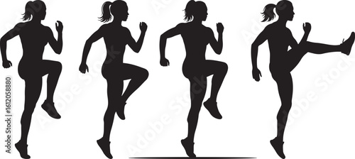 Four female athletes performing high knees exercise silhouette