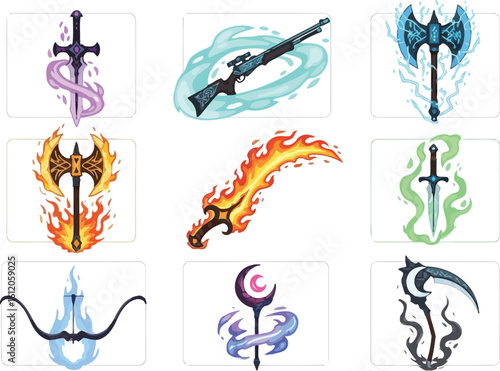 Collection of fantasy weapons vector illustration sword axe bow gun scythe staff game asset editable