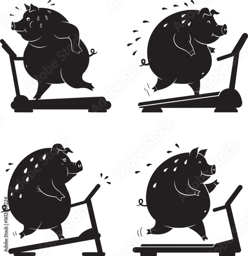 Four fat pigs exercising on treadmills silhouette