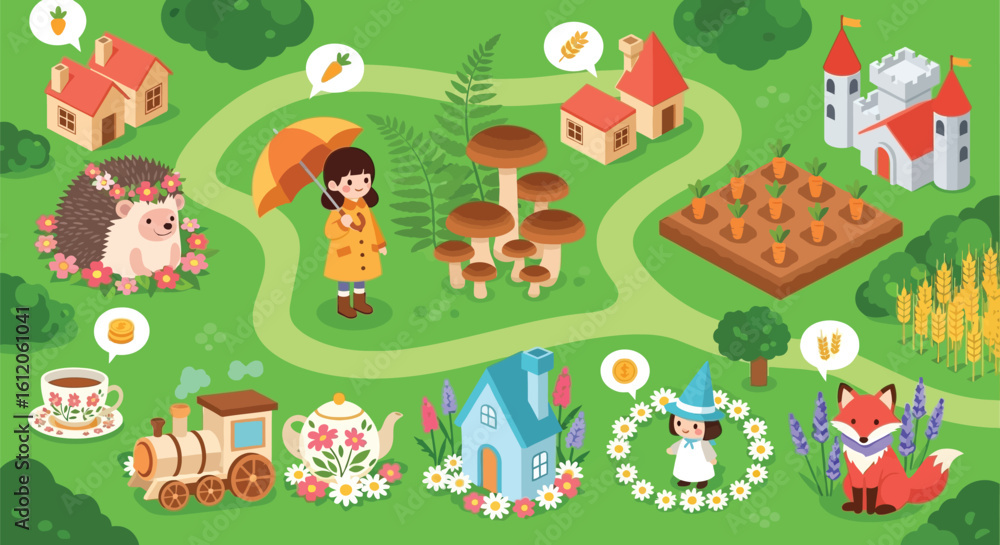 Naklejka premium Cartoon fairytale landscape vector illustration with fox girl hedgehog and train for kids book editable