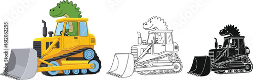 Dinosaur driving bulldozer vector illustration construction vehicle cartoon drawing art design editable