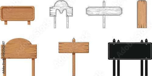Vector wooden sign collection illustration set of different shapes and styles signboard design editable