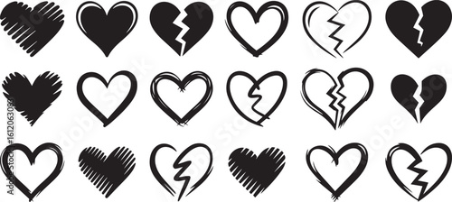 A collection of black and white hand-drawn heart shapes silhouette vector art