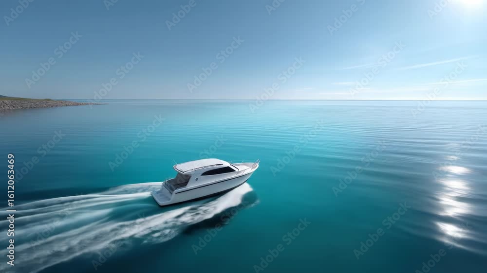 White motorboat on a turquoise lake with a clear sky