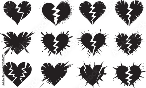 Set of grunge broken heart shapes and shattered love silhouettes
