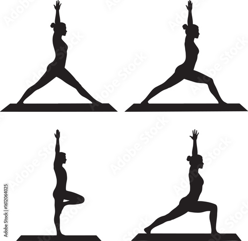 Four yoga poses silhouette