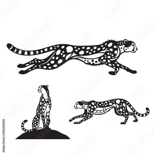 Set of 3 Stylized Cheetah Silhouettes African Big Cat Vector Icons