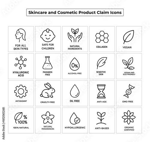 skincare claim icons, cosmetic product icons, vegan icon set, cruelty free icons, organic certified label, paraben free vector, natural ingredients icons, hypoallergenic symbol, sensitive skin label, 