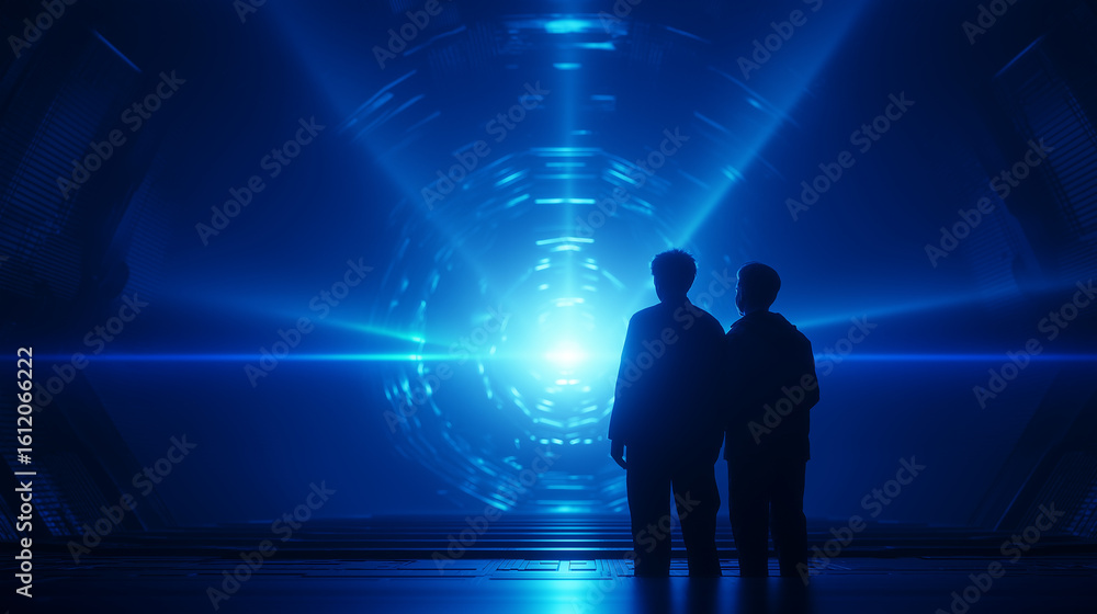 Obraz premium Futuristic Quantum Computing Chamber with Scientists Discussing