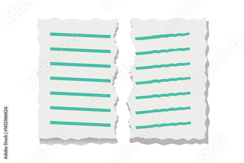 Torn lined paper document split in half