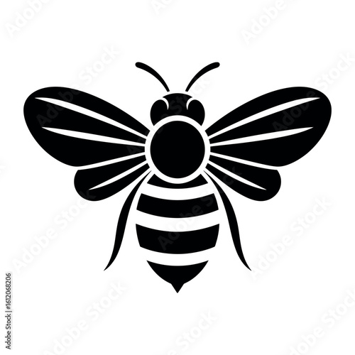 Black silhouette of a bee with striped abdomen and patterned wings
