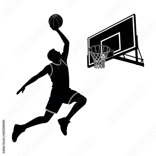 Black silhouette of basketball player dunking ball near hoop