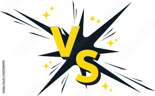 Yellow vs text with black burst and star sparkles on a white background