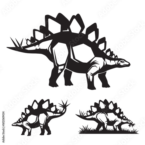 Set of 3 Stegosaurus Dinosaur Silhouettes as Jurassic Vector Icons