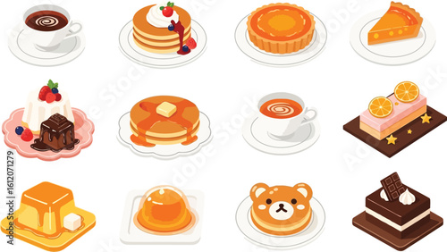 Delicious desserts and sweet treats vector illustration featuring cakes pies and pancakes set editable