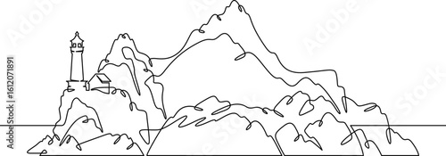 Continuous one line drawing lighthouse on a rocky cliff. Lighthouse on the seashore.One continuous line isolated minimal illustration.Not AI.