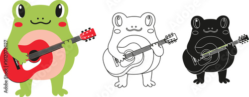 Frog playing guitar vector illustration cute amphibian musical instrument cartoon character design editable