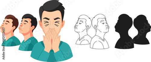 Allergy symptoms sneezing illustration health problem cartoon character medical condition sick editable