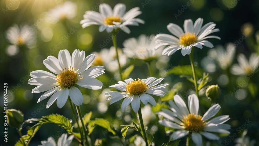 Fototapeta premium White Flowers in Sunlight, Green Bokeh Background