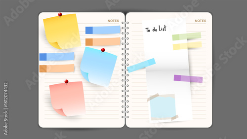 Sticky Notes and Labels Collection with pin and post it, on gray background, Notepaper meeting reminder, Flat Modern design , illustration Vector EPS 10