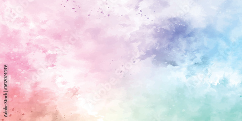 Rainbow sky blue, pink and purple coloured hand painted watercolour background.