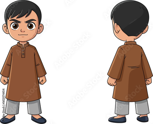 Cartoon boy in brown kurta and grey pants front and back view on white