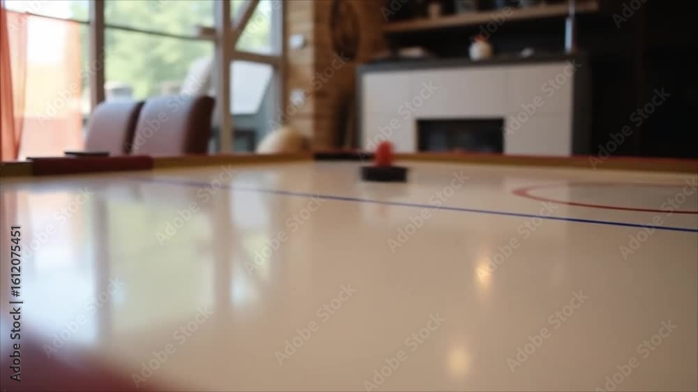Air hockey puck flying across table in a cozy indoor setting  