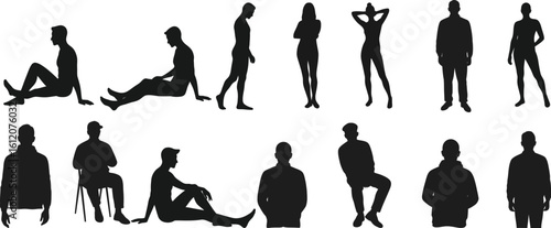 Silhouettes of diverse people in various poses and activities with black shadow figures on white background for design and illustration purposes
